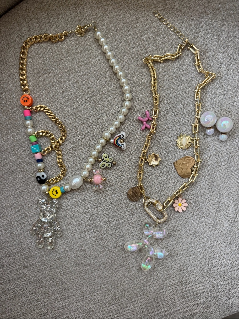 Gold & Pearl Beaded Charm Necklace with Colorful Accents and Pearl stud earrings